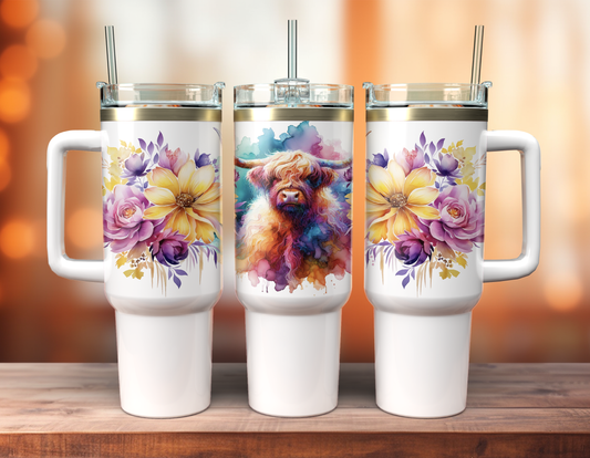 40oz Colourful Floral Highland Cow Design