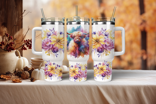 40oz Colourful Floral Highland Cow Design