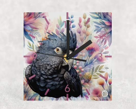 Clock Black Cockatoo Floral Design