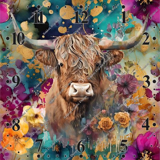 Clock Boho Highland Cow Design