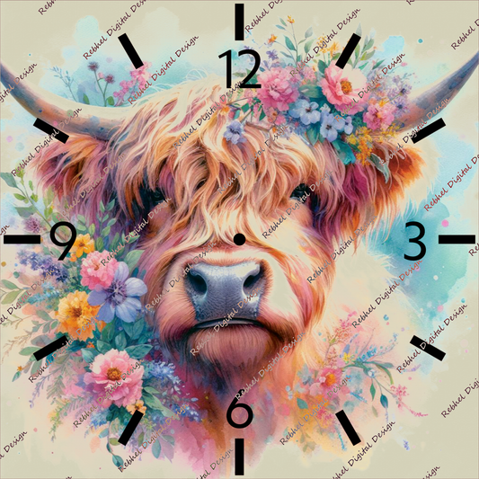 Clock Highland cow Watercolour floral