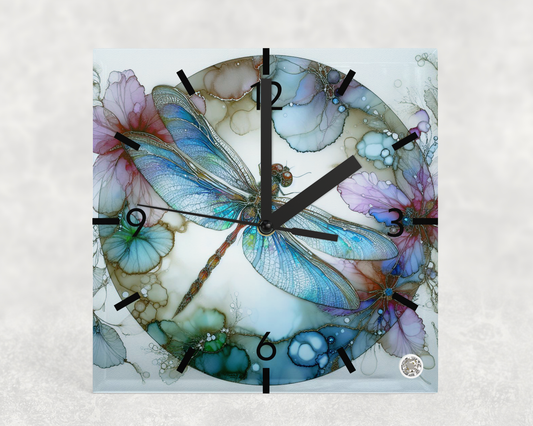 Clock Soft Alcohol Ink Dragonfly Design