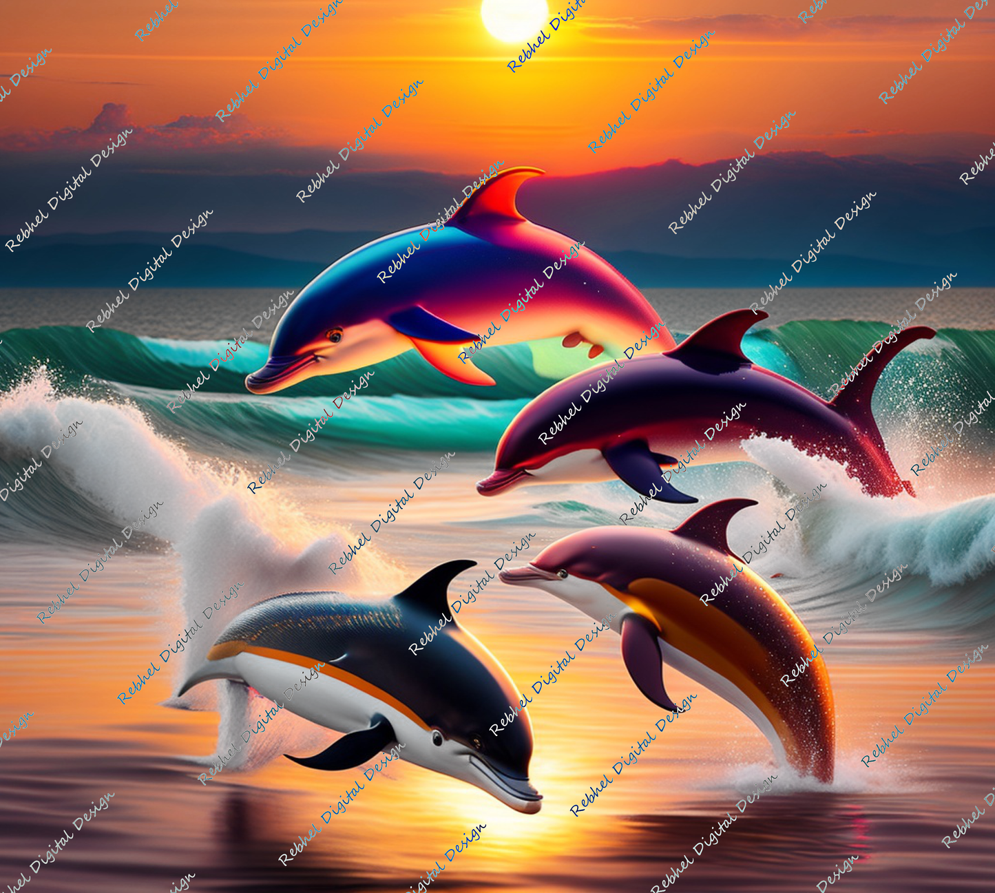 Dolphins in the Sunset Waves