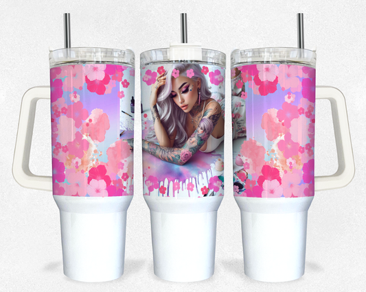 Beautiful Blonde Beauty with Abstract Pink Floral 40oz Tumbler Design