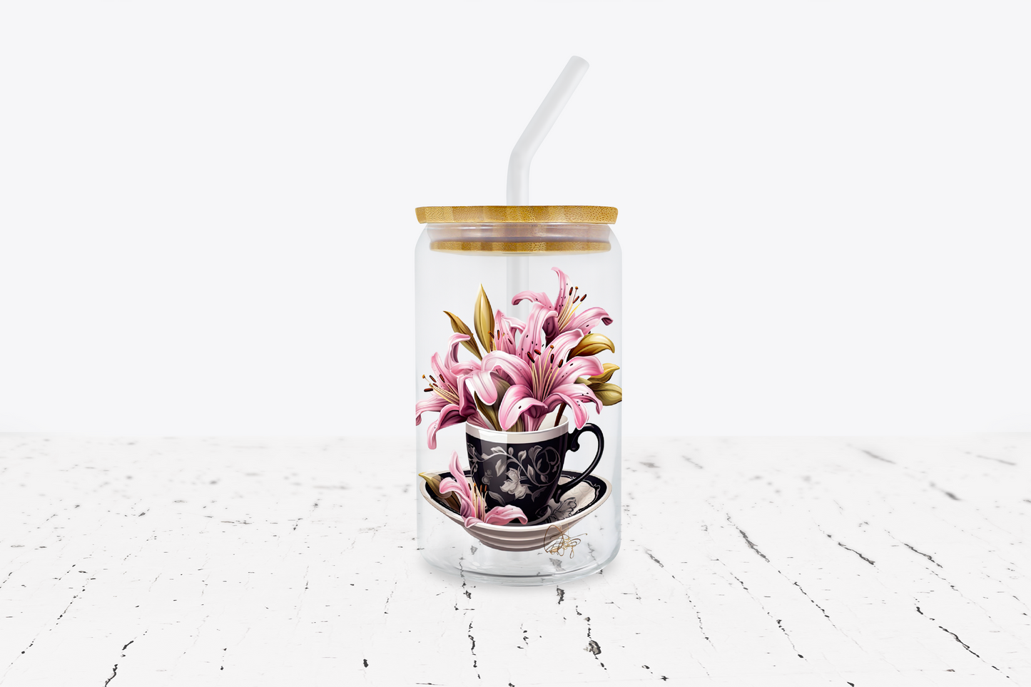 UV DTF Floral black teacup decals