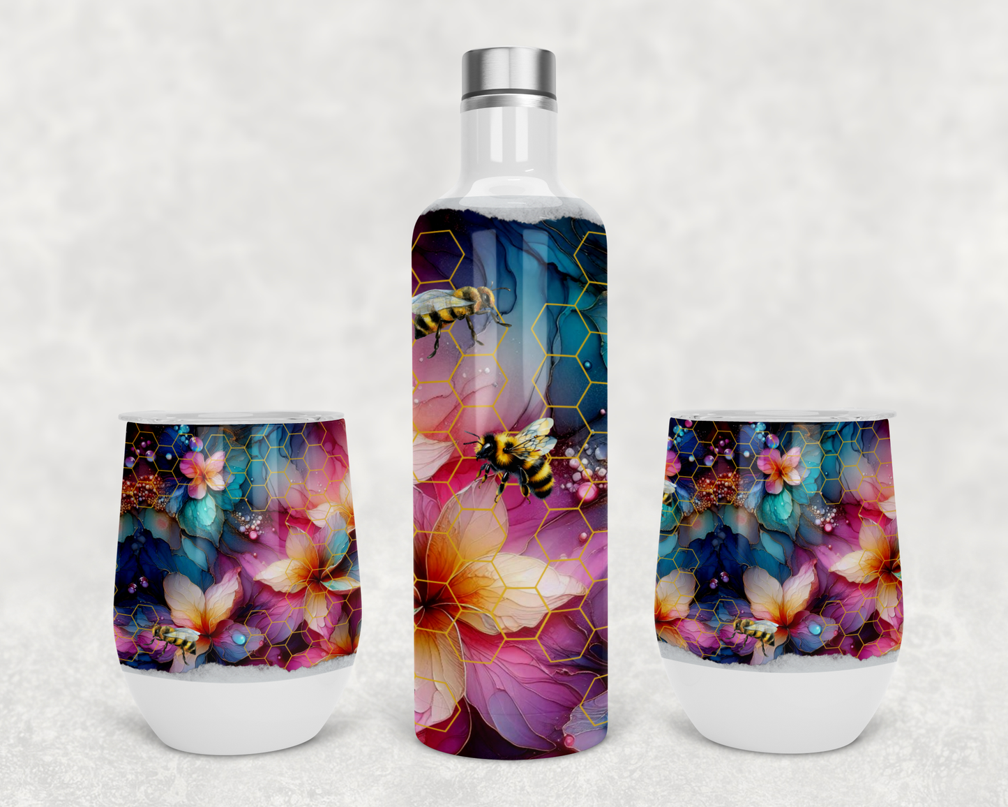 Wine set Alcohol Ink Bee Design