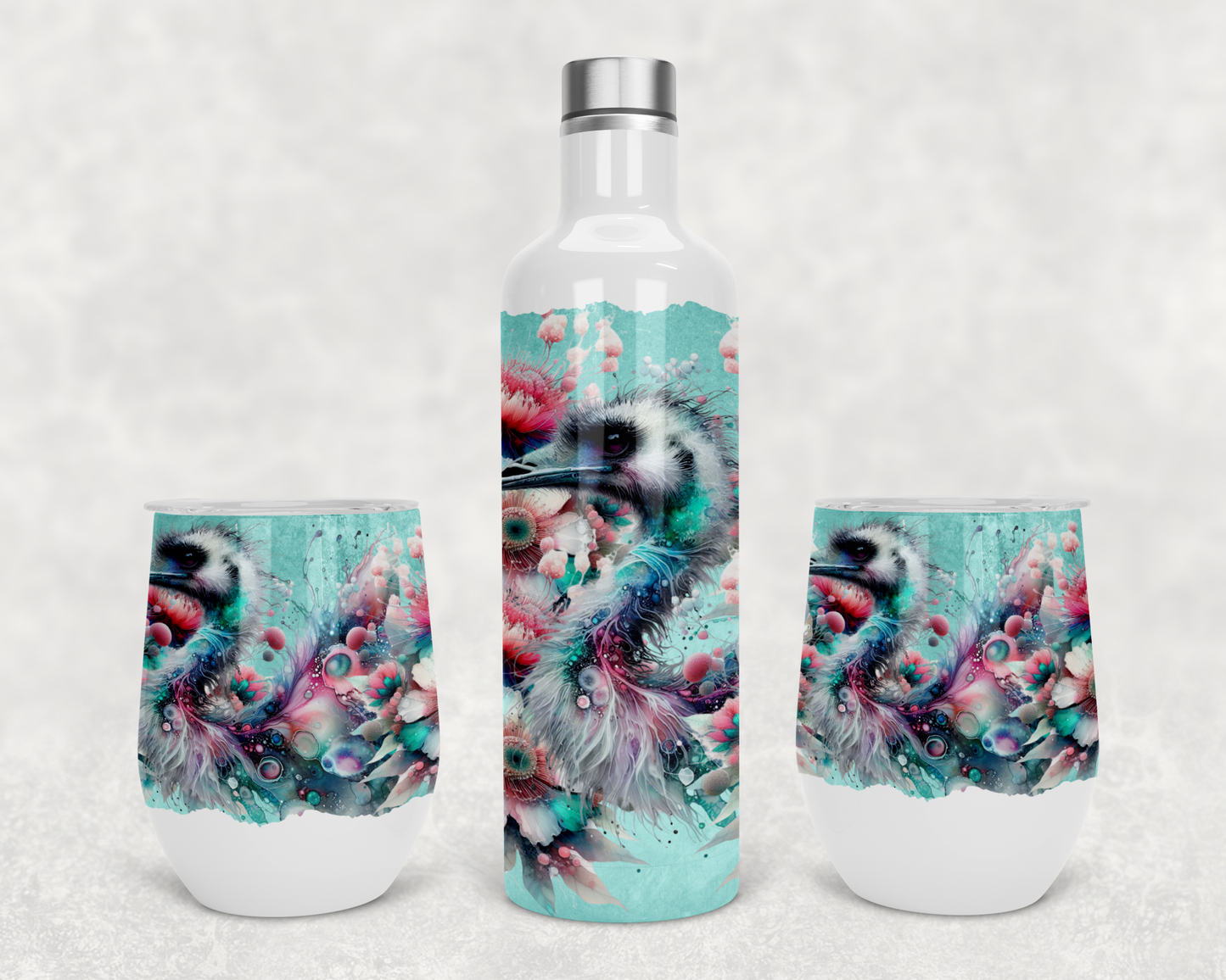 Wine Set Gorgeous Teal Watercolour Emu Design