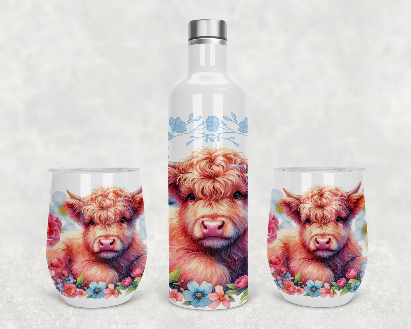 Wine Set Floral Highland cow Design