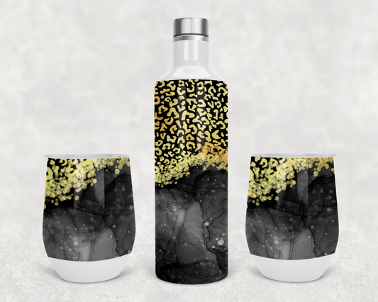 Wine Set Black with Gold leopard spots Design