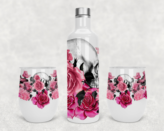 Wine Set Pink Floral Skull Design