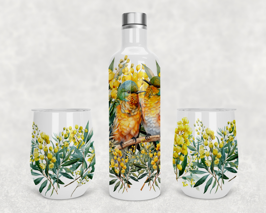 Wine Set Beautiful Wattle with Birds Design