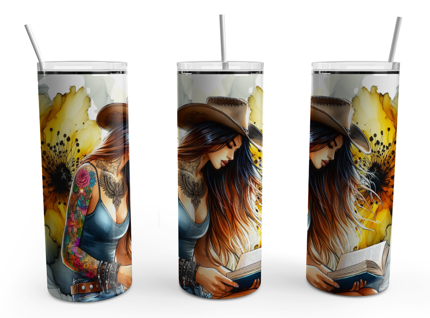 Cowgirl reading yellow floral 20oz Design